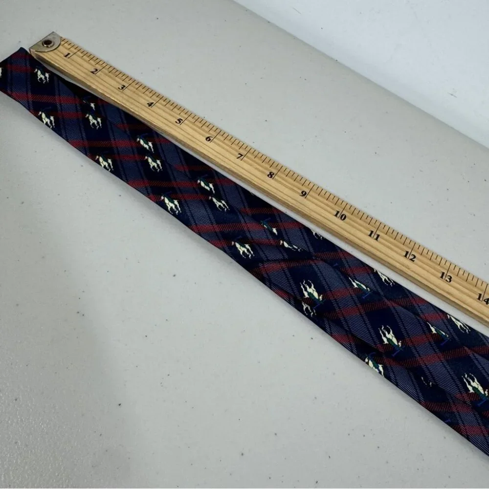 René Chagal Silk Polo Horse Tie Navy Plaid Equestrian Designer Necktie - Picture 11 of 12